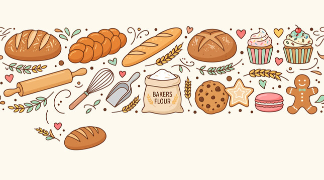 Seamless horizontal border pattern with hand drawn bakery items and sweet desserts.