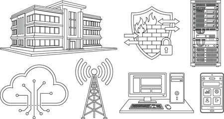 Obraz premium Detailed line illustration of modern technology infrastructure including cloud computing, cybersecurity, and data network elements