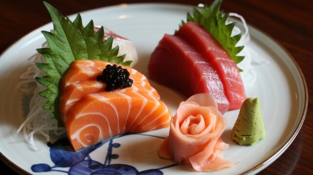 Fresh sashimi platter with salmon, tuna, and garnishes on ceramic plate