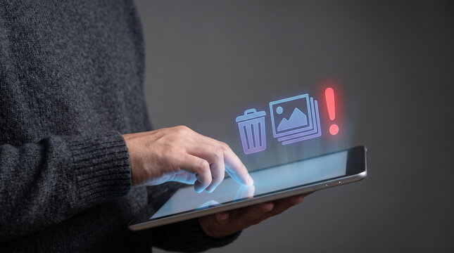 Man touching tablet screen to display delete photo icon with red alert symbol on background