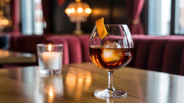 Elegant Glass Of Red Wine With Orange Slice In Cozy Bar Setting