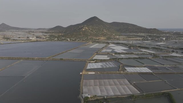 Aerial drone footage of Phuong Cuu Salt Fields in Khanh Hoa, Vietnam, showcasing traditional sea salt production, geometric salt ponds, coastal landscape and sustainable local industry.