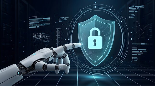 Automated cyber defense system featuring robotic hand activating security shield and padlock on futuristic server interface