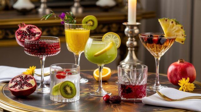 Refreshing Summer Cocktails with Fresh Fruits and Citrus Garnishes on Wooden Table