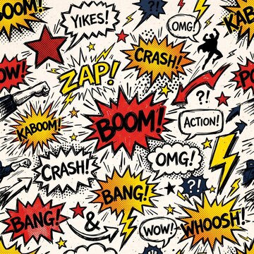Comic Book Explosion: A vibrant and energetic pattern filled with comic book sound effects, onomatopoeia, and action imagery, evoking a sense of excitement and dynamism.