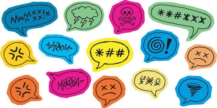 Collection of colorful speech bubbles with various symbols representing emotions and communication.