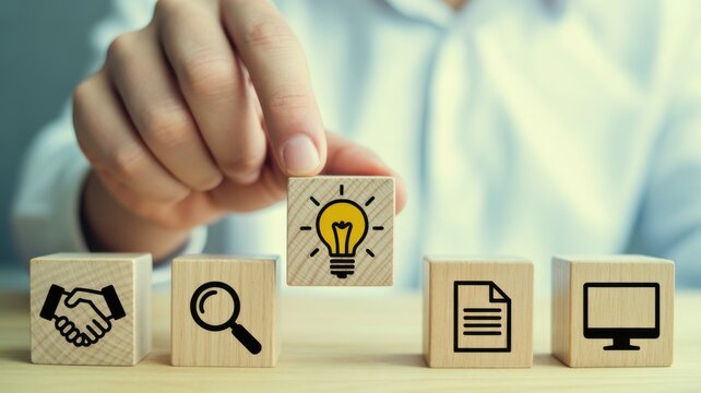 Hand placing lightbulb block on wooden cubes with business icons for innovation concept