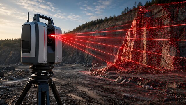 A powerful laser scanning device emits multiple red beams, enabling precise mapping, accurate distance measurement, advanced detection, and efficient outdoor surveying operations.