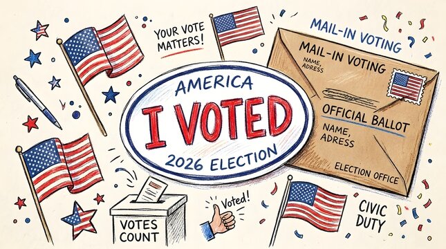 Handdrawn illustration of 2026 election voting theme with mailin ballot and flags