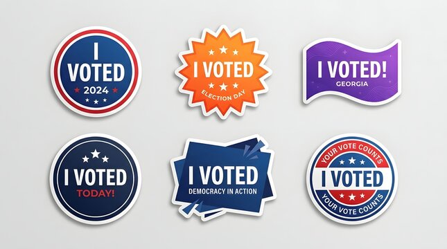 Set of i voted stickers for 2024 election, various designs with patriotic themes, stars, and typography for voters in georgia and across the usa