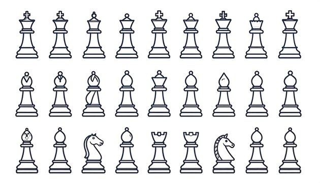 Simplified illustration of a complete chess set, featuring outlined pieces kings, queens, bishops, knights, rooks, and pawns