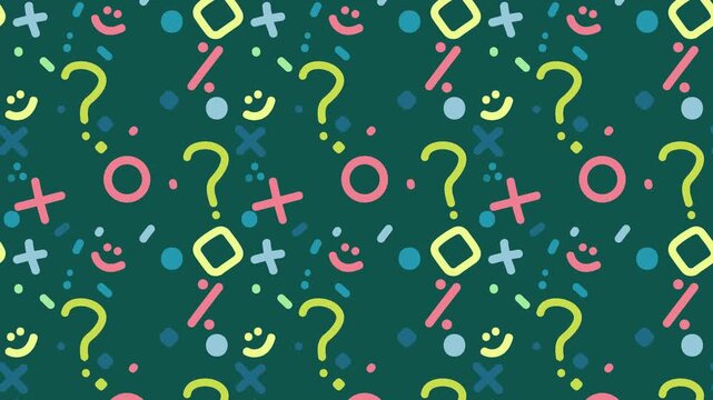 Abstract geometric pattern background. Colorful hand drawn shapes on dark green backdrop.