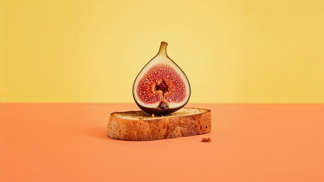 A fig slice placed on a wooden piece with a warm yellow and pink background.