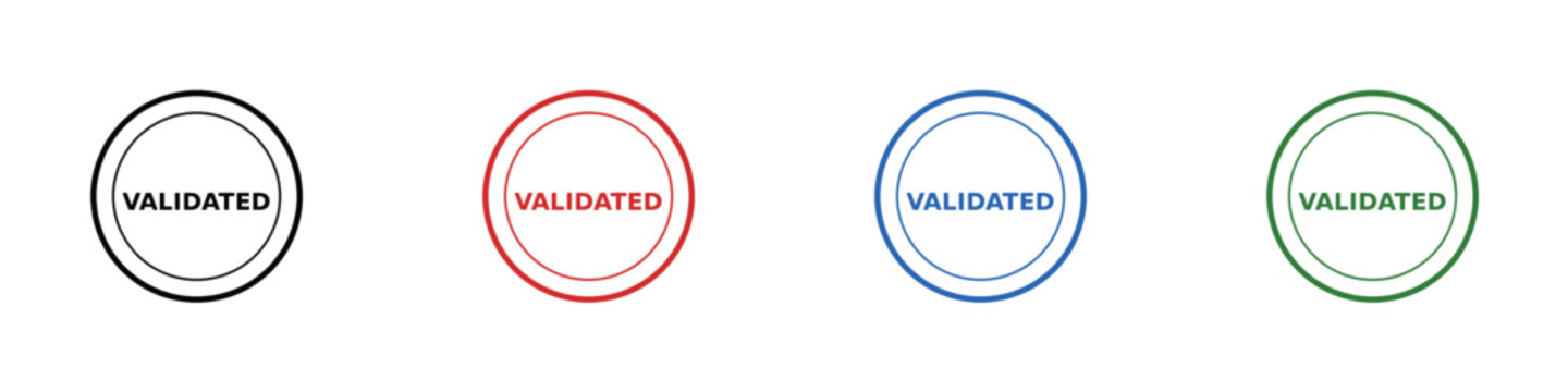 Circular validated stamps in black red blue and green flat vector illustration approval certification circle