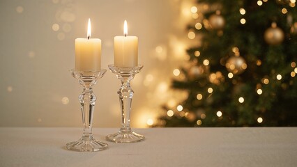 Obraz premium Two lit candles in crystal candleholders with a decorated Christmas tree in the background. Festive and holiday celebration ambiance.