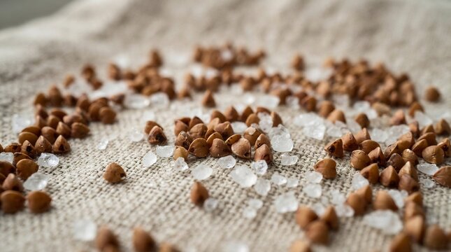 Natural buckwheat groats scattered across rustic texture surface with coarse sea salt crystals