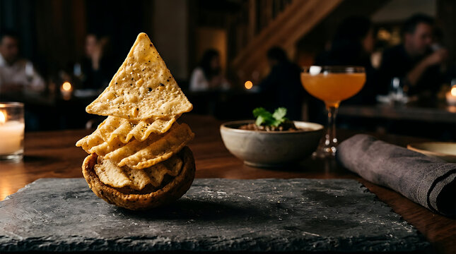 Stack of crispy corn tortilla chips served with a savory dip and cocktail in a dimly lit restaurant setting