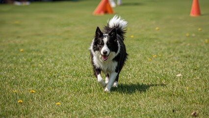 Obraz premium Border collie dog running on green grass with orange cones in the background.
