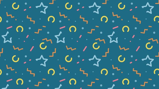 Memphis style seamless background pattern. Retro 90s abstract motion graphic loop.