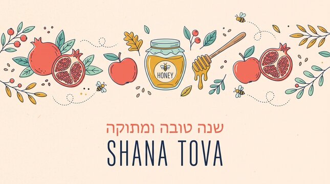 jewish new year, rosh hashanah, greeting card banner with traditional icons. Happy New Year, shana tova in hebrew. Apple, honey, flowers and leaves, Jewish New Year symbols and icons. Vector