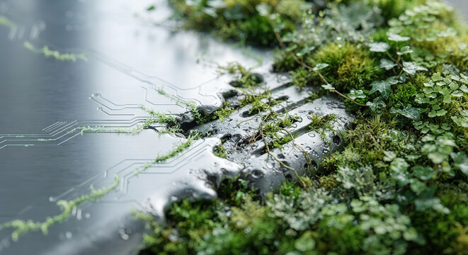 Macro shot of green moss growing over metallic microchip circuit board background.