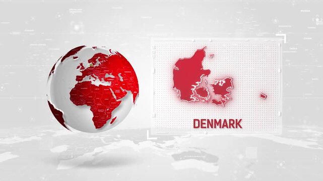 Denmark 4K Tech Map Beside Globe On White Background.