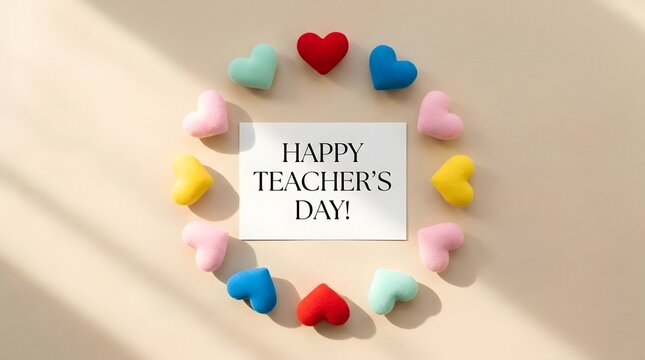 Happy teachers day greeting card surrounded by colorful felt hearts on a soft beige background