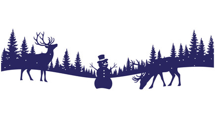 Obraz premium Winter forest silhouette vector with reindeer snowman and pine trees for Christmas holiday design