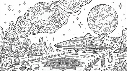 Black and White Coloring Page of a Sci-Fi Diwali Festival with Spaceship, Earth, and People Lighting Diyas, Intricate Mandala and Swirling Clouds, Vector Illustration © sukarna