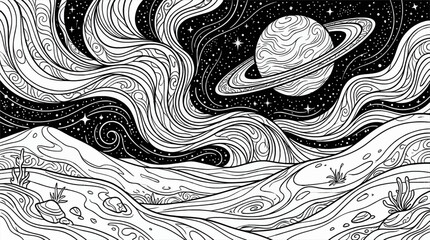 Black and White Coloring Page Vector Illustration of Abstract Aurora Borealis and Planet Saturn in a Starry Night Sky Over Wavy Landscape © sukarna