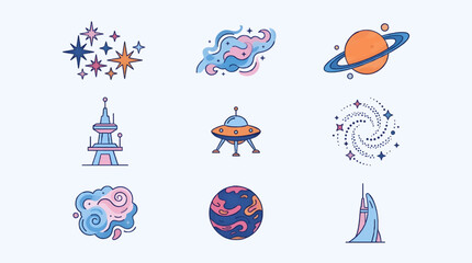Collection of Abstract Star Formation and Space-Themed Vector Icons, Including Planets, UFOs, Nebulae, and Futuristic Buildings, Flat Line Art Style on Light Background © sukarna