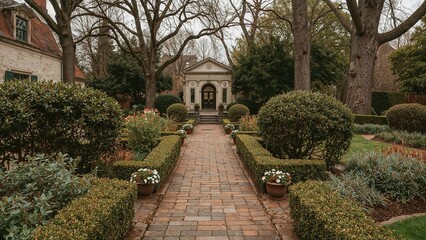 Obraz premium A garden pathway leading to a house with trees and shrubs, featuring neatly trimmed bushes and potted plants along the brick walkway.
