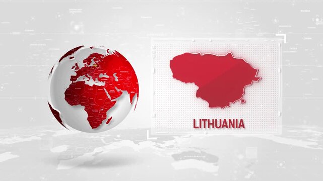  Lithuania 4K Tech Map Beside Globe On White Background.