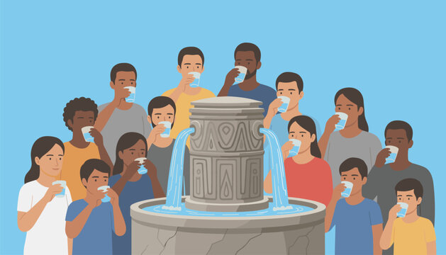 Diverse group of people standing around public fountain and drinking fresh water from glass cups on light blue background.