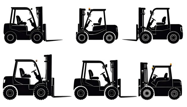 Six forklift silhouettes, varying in angle and mast height, rendered in black against a white background. Each shows details