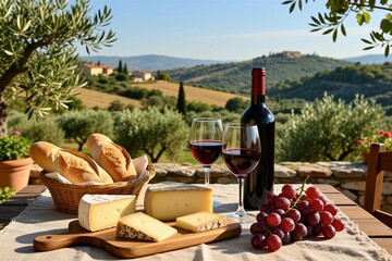 Obraz premium Rustic outdoor table with red wine, fresh artisan cheese platter. Crispy bread rolls sit in basket near grapes on wooden board. Picturesque Mediterranean landscape with rolling hills olive trees,