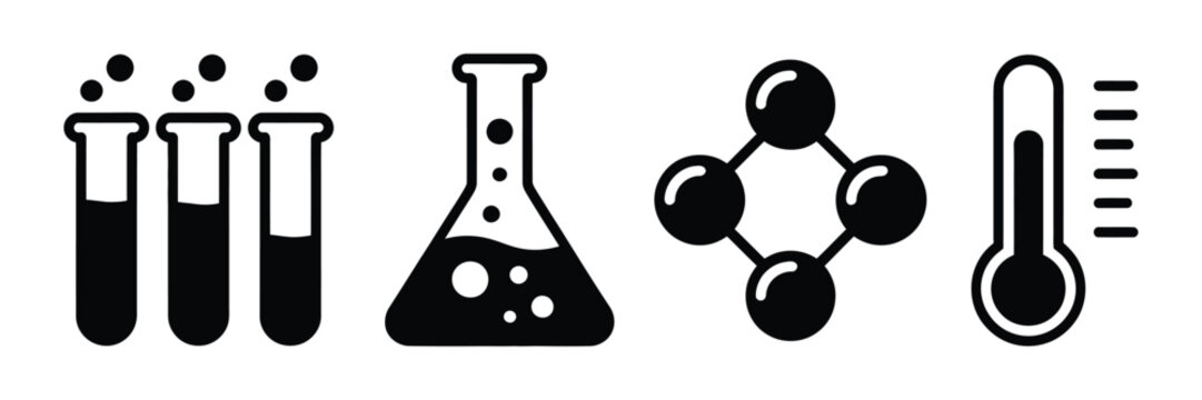 Science vector icon set, laboratory equipment chemistry research symbols with beakers flasks microscope and test tubes, clean modern vector illustration