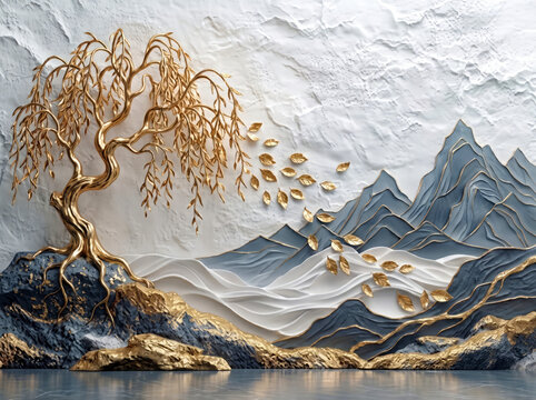 3D mural wallpaper shows white, golden waves, gold tree. Embossed design creates relief effect. Abstract art decorates wall background. Modern design for home. 8K Resolution