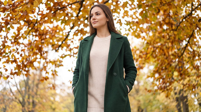 Woman enjoying autumn park, wearing green coat and sweater, looking away from camera with fall foliage background