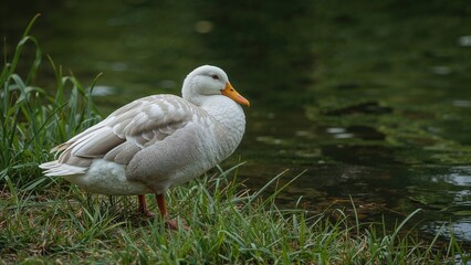 Fototapeta premium A young goose standing by the water's edge on the grassy bank.