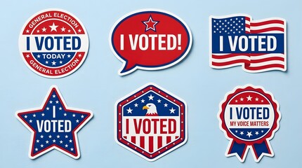 Obraz premium Set of six different i voted election stickers isolated on white background