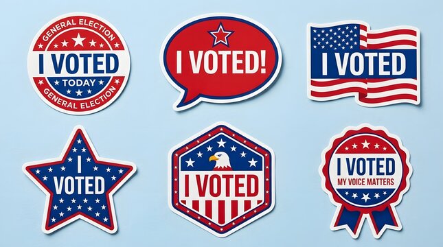 Set of six different i voted election stickers isolated on white background