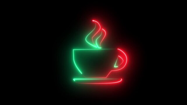 Neon coffee cup icon on black background with glowing effect around it 4K video animation.
