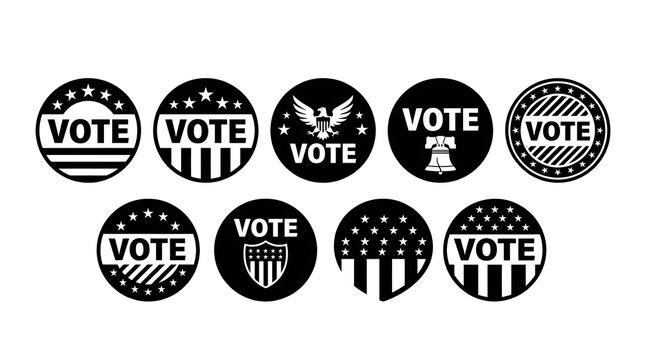 Collection of black and white round voting and election buttons with patriotic american symbols like eagles, stars, and the liberty bell