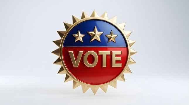3d golden vote badge with stars and red and blue circular design
