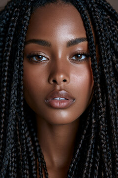 beautiful young african american woman with long braids, elegant dark skinned woman with braided hair, confident young black woman with long braids