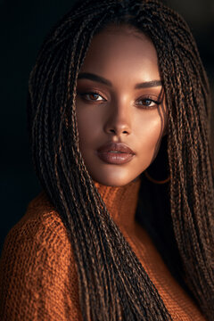 beautiful young african american woman with long braids, elegant dark skinned woman with braided hair, confident young black woman with long braids