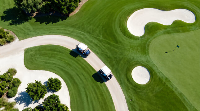 Aerial view of golf carts driving on a path at a lush golf course