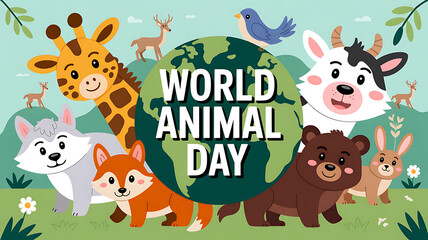 Naklejka premium Animals gather around a globe to celebrate the annual World Animal Day event.