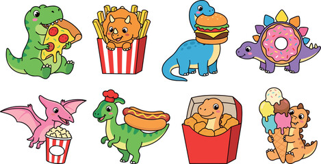 Cute Dinosaur Food Lover Cartoon Vector Set Featuring Pizza Fries Burger Donut Popcorn Hot Dog Fried Chicken and Ice Cream Characters © Danial